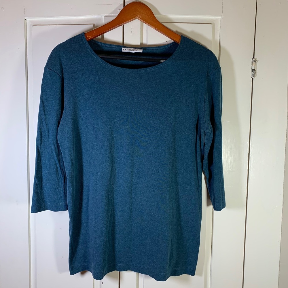Bryn Walker Teal Blue 3/4 Sleeve Ribbed Knit Top Made in USA XL Basic Layer READ